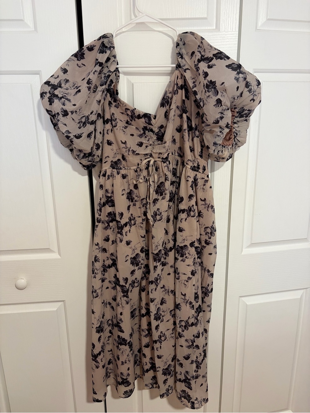 ARULA Beige Midi Dress with Black Floral Print and Puff Sleeves